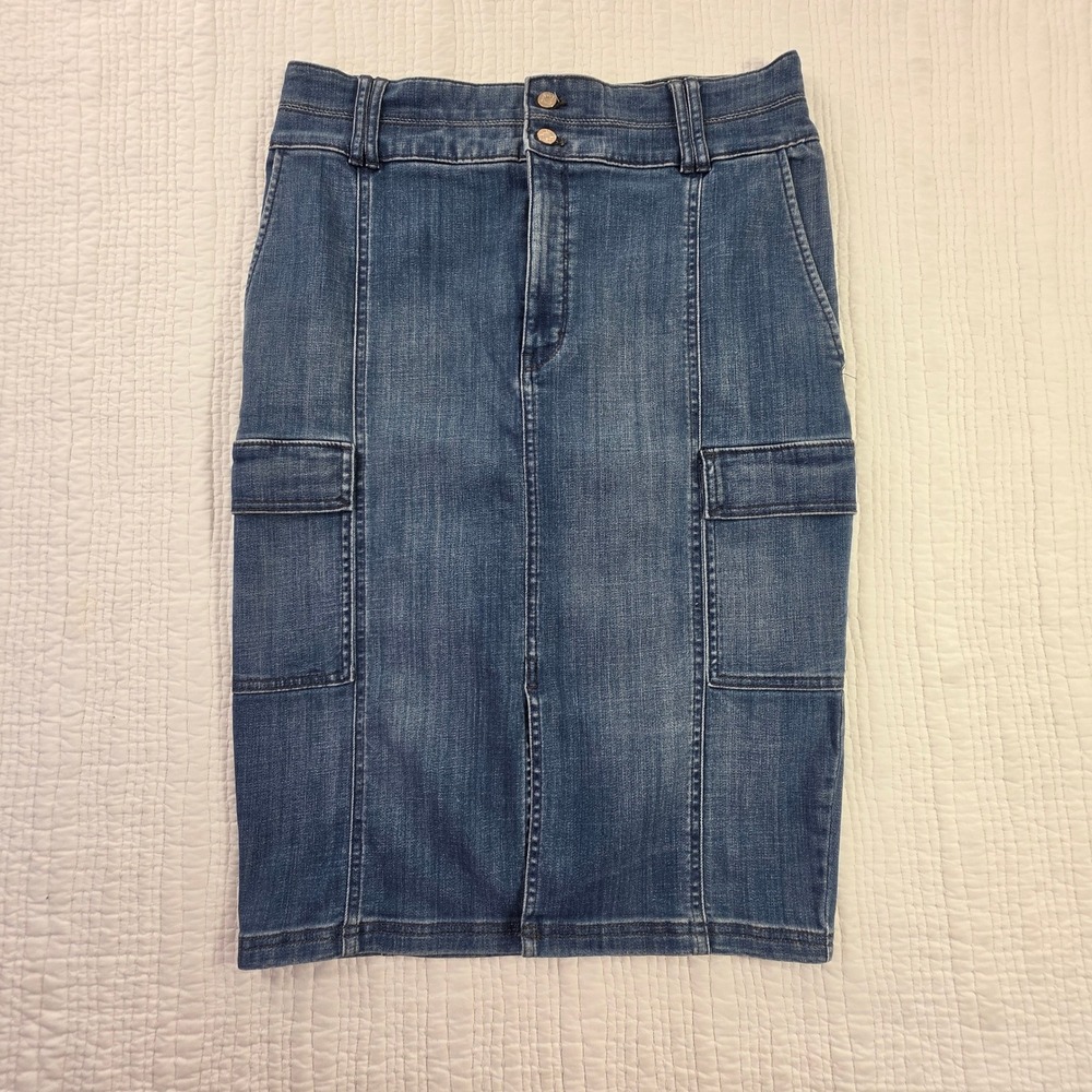 WHBM High Rise Denim Cargo Pencil Skirt Size 12 Utility Pocket Stretch Midi